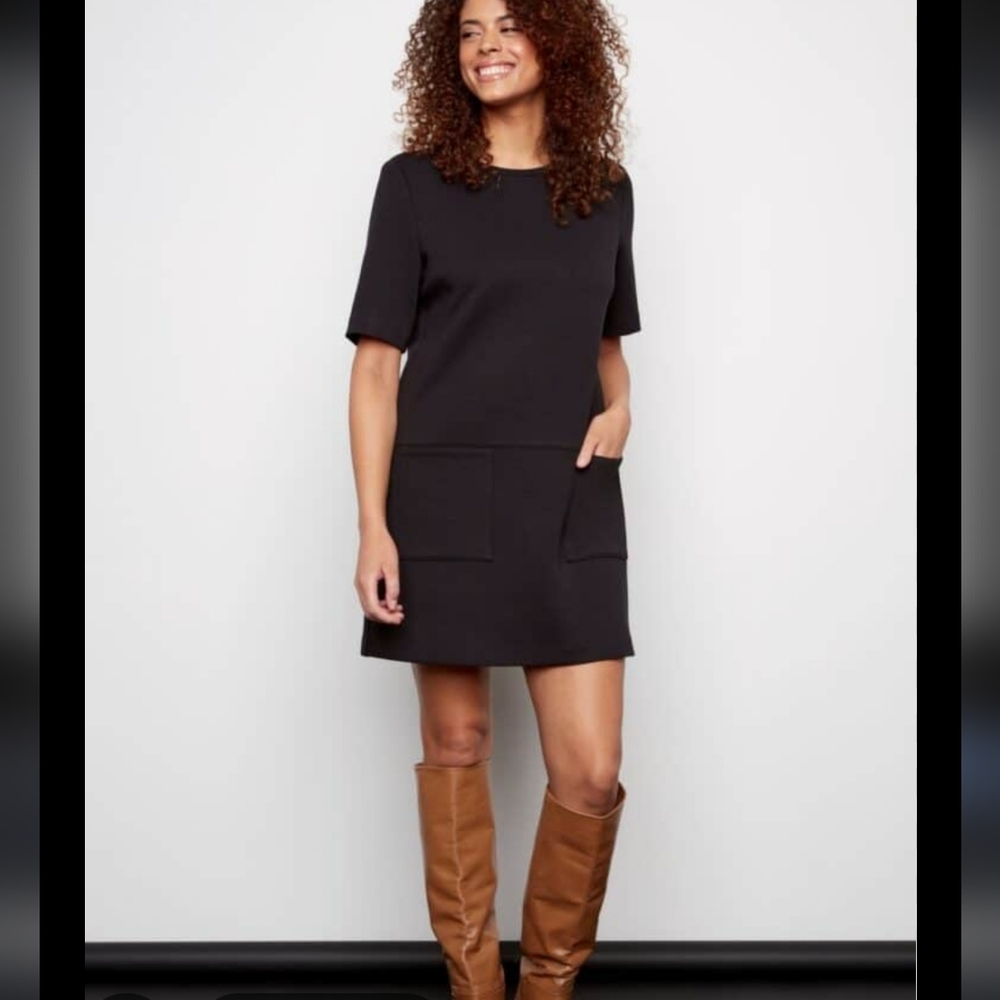 Zara Black Shift Dress Pockets Short Sleeve Suede Small Teacher Modest Work Wear